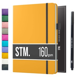 A5 Bullet Dotted Journal Notebook by STM | Thick Bleedproof 160gsm Paper, 150 Pages | Lay Flat Vegan Leather Hardcover | 2 Bookmarks, Printed Page numbers | Black Pen | 5.75 x 8.5 in | Mustard