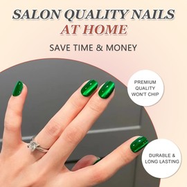24Pcs Cat Eye Press on Nails, French False Nails Short Square, Green Glitter Glossy Full Cover Fake Nails with Glue Stickers, Reusable Acrylic Shiny Stick on Nails for Women Girls Daily Wear Manicure