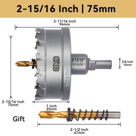CENYB 2-15/16" (75mm) Tungsten Carbide Tipped Hole Saw with 2Pcs Titanium-Plated Pilot Drill Bits for Metal, Steel, Iron, Wood, Plastic