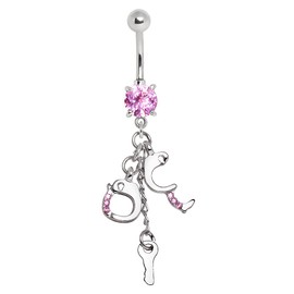Cocobul Body Jewelry 316L Navel Ring with Pink Gemmed Handcuff and Key Dangle