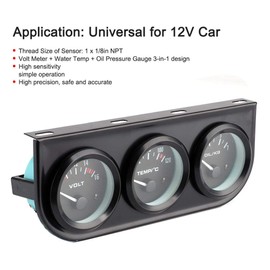 3in1 Car Meter, 8‑16V Voltmeter, 40‑120℃ Water Temp Meter, 0‑7kg Oil Pressure Gauge Kit, Universal 1/8in NPT 52mm/2in Car Meter