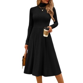 CFLONGE Women's Casual Ribbed Knit High Neck Dress Long Sleeve Fall Dress for Women 2024 Lightweight A Line Flare Dresses(Black,Small)