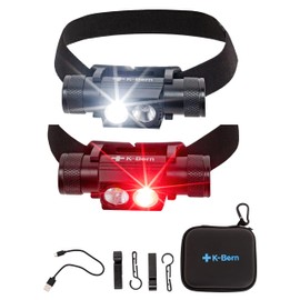 K-Bern Red & White Rechargeable Headlamp.1000 Lumen, UL Approved 2600 mAh Battery, Super Bright Head Lights Waterproof, Lightweight Aluminum, Perfect for Work, Dog Walking, Camping & Hiking