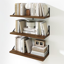 Fun Memories Floating Bookshelves, Set of 3 Wall-Mounted Wood Shelves 24" W x 8" D, Decorative Wall Shelf for Living Room, Bedroom, Bathroom, and Laundry Room (Walnut)