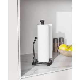 BATHDANCE Paper Towel Holder Countertop Black, Paper Towel Dispenser Standing Weighted Base Non-Slip, Spring Arm Fit Most Size Tissue Roll, Stainless Steel Paper Towel for Home Kitchen Tabletop