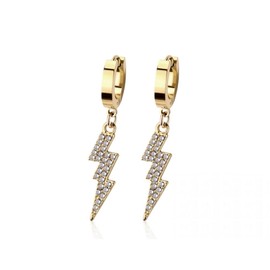 316L Stainless Steel CZ Crystal Lightning Bolt Dangling Huggie Hoop Earrings, Sold as a Pair (Gold Tone/Clear)