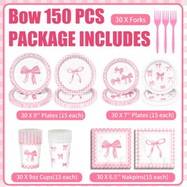 150pcs Pink Bow Party Supplies Bow Birthday Plates Napkins Paper Cup Fork Bow Birthday Decorations for Girl Bachelorette Bridal Engagement Coquette Cute Tableware Set Serves 30 Guests