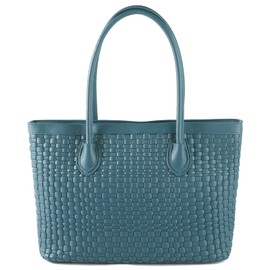 SLHFPX Woven Tote Bag For Women Hand Make Vegan Leather Shoulder Bag Handbag Zip Closure Beach Tote Travel Hand Bag Hobo Bag Top Handle Bag (Lake Blue Color)