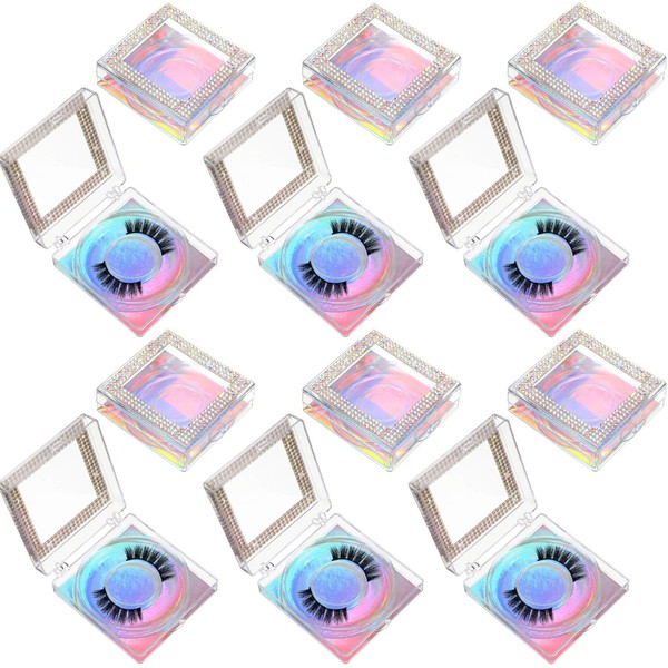12 Pieces 3D False Eyelashes Packaging Boxes Rhinestones Square Lash Case Empty Eyelash Storage Boxes with Glitter Paper and Clear Tray for Women Girls Eyelash Care (Holographic)