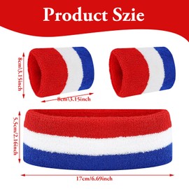 HXMJIED Sports Sweatbands Headband Wristband Set (1psc Headband + 2pcs Wristband) Red White Blue Striped Sports Headband Wristband Cotton Elastic Sweat Band for Basketball Tennis Exercise