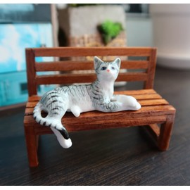 Cozinest Ceramic Cat Figurine Relaxed Gray Tabby Porcelain Kitten Adorable Pet Kitty Collectible Miniatures Hand Painted Animal with Bench Home Decor or Gift