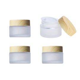 4Pack 50g Frosted Glass Cosmetic Cream Jars,Empty Sample Jars Containers Pot with Wood Grain Lids for Lotion,Cream,Lip Balm,Eye Cream,Scrubs Creams,Oils Salves,Ointments(White)