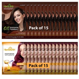 Herbishh Travel Pack Hair Dye Color Shampoo + 15pc Argan Hair Mask Sachet (Dark Brown, 15 Sachets)