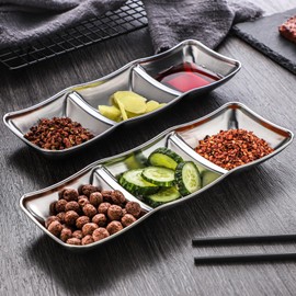 CHWAIKA 6pcs Stainless Steel Soy Sauce Dish Dipping Bowls 3 Grids Divided Sauce Dishes Side Dishes for Soy Sauce, Ketchup, Seasoning, Sushi