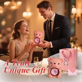 mountova Romantic Teddy Bear with Preserved Rose and Necklace, Real Rose in Elegant Gift Box for Women, Bear Roses Gifts for Valentine's Day,Weddings,Mother's Day,Anniversary,Birthday,Christmas, Pink