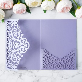ponatia 20PCS Lilac Laser Cut Wedding Invitations Pockets, Tri-fold 5x7 Laser Cut Invitation Pockets for Wedding Bridal Shower Quinceanera 15 Anos Invite