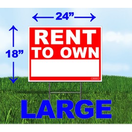 Large 24"x18" - Rent to Own Home Yard Sign/Lawn Signage with White Block for Writing - Printed Front & Back + 24" Metal Ground Stake