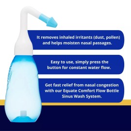 Equate Comfort Flow Bottle & 50 Saline Packets Blue Nasal Congestion Wash System