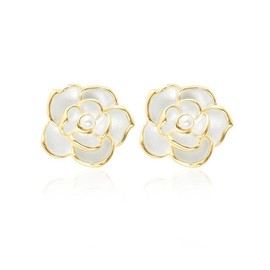 TUCEWP Flower Stud Earrings Cute Camellia Flower Earrings Hypoallergenic Trendy Pearl Statement Earrings Chic Sweet Enamel Floral Earrings for Women Mom Holiday Birthday Jewelry Gift