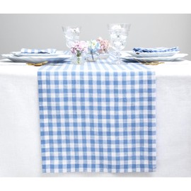 Solino Home Gingham Check Linen Table Runner 48 Inch - 100% Pure Linen Hydrangea Blue Plaid Table Runner 14 x 48 Inch Ideal for Dresser and Coffee Tables - Spring, Mothers Day, Easter Decorations