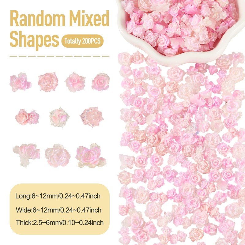 200Pcs Mini Pink Flower Charms for Crafts 3D Rose Flower