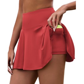 AegisChic Red Pleated Tennis Skirt with Shorts Underneath for Women Flowy Athletic Dress for Golf Sports Skirts