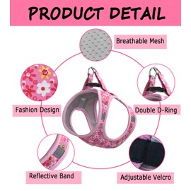 Moonpet Step in Air Dog Harness Leash Set- All Weather Reflective No-Pull Floral Pattern Padded Mesh Vest Harness for Cats Puppy Extra-Small Small Medium Large Dogs - Pink Flower - S