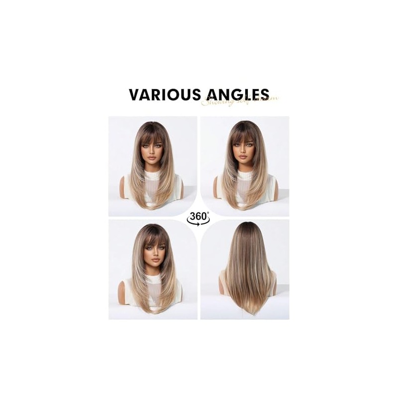 Peluca Sintética Elegant Blonde Wig 150% With Bangs Straight Layered