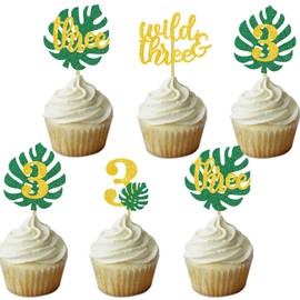 DOMOO OF DREAMS Safari Wild Three Cupcake Toppers Jungle 3rd Birthday Wild Theme Party Decoration Tropical Leaf Food Picks Gold 3