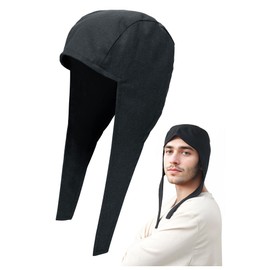 PROCOS Medieval Coif Cap, Linen Hats Bonnet with Ear Flaps Victorian Cosplay Accessory (Black)