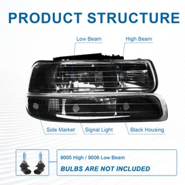 Fullux Headlight Assembly Headlights, Compatible with 1999-2002 Chevy Silverado 1500 2500/2001-2002 Silverado 1500HD 2500HD 3500HD Left&Right Side Headlamp Amber Reflector Black Housing