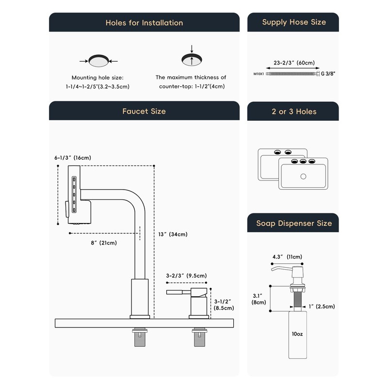 Waterfall 3 Hole Matte Black Kitchen Sink Faucet with Separate