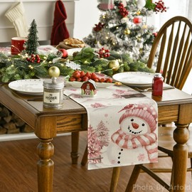 Artoid Mode Pink Snowman Christmas Table Runner, Seasonal Winter Kitchen Table Decoration, Indoor, Holiday, Party Decor, 40 x 140 cm