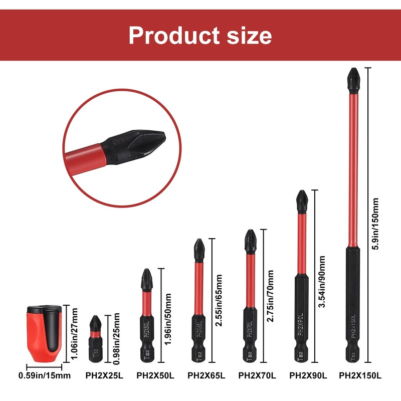 6 Pcs Magnetic Screwdriver Bit Sets, Phillips PH2 Anti-Slip and