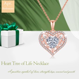 LAVUMO Tree of Life Heart Necklace Women's 925 Sterling Silver Birthstone Pendant Necklaces Birthday Gift for Women Girlfriend Mum Valentine's Day Mother's Day Christmas, Cubic Zirconia, Cubic