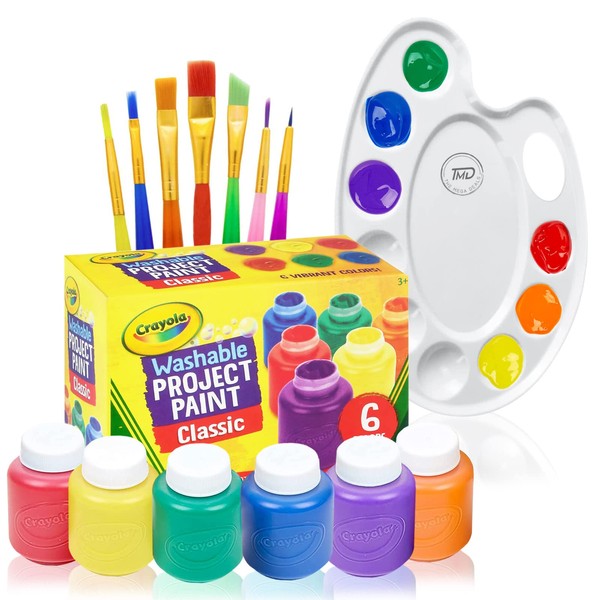 Washable Kids Paint 6 Count, 7 Paint Brushes, Paint Palette - Washable Paint Set For Kids Craft Projects, Finger Painting Supplies Kit