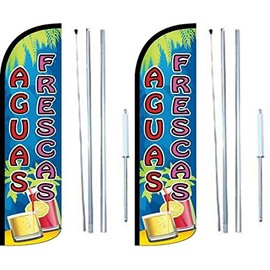 Aguas Frescas Pack of 2 Windless Flags | 3 ft by 11.5 ft Advertising Aguas Frescas Flags for Business | Weatherproof Polyester Aguas Frescas Flags | Outdoor Flags (Complete Hybrid Pole Set Included)