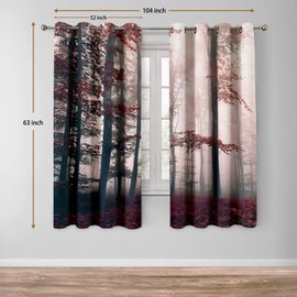 Jekeno Fall Tree Forest Blackout Curtains Autumn Tree Orange Leaves Foggy Forest Fall Nature Scenery Wood Room Decor for Bedroom Living Room Grommet Window Drapes 2 Panel Set, 52"x63"