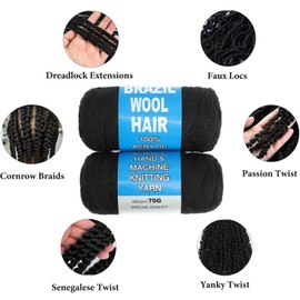 Brazilian Wool Hair for Braids 100% Brazilian Wool Hair Acrylic Yarn for African Braids/Spring Twist/Faux Locs/Box Braids/Wraps with Crochet Hook (2, 4#)