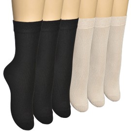 ELYFER Women's 6 Pack Thin Rayon Dress Socks- Casual Color Crew Socks, Comfort Seam (Black- Beige (6 Pack), 5-8,5)