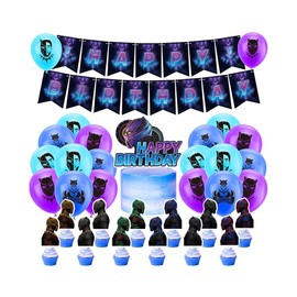 Dinoeye Black Panther Birthday Party Supplies: 18pcs Balloons, 13pcs Toppers, 1pcs Happy Birthday Banner