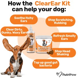 NutriPaw ClearEar Kit For Dogs - Drops to soothe Itchy, Waxy & Smelly Ears - Probiotic Chews for Gut Health, Gunky & Itchy Ears - Stop Head Shaking, Ear Scratching & Rubbing - Great for all dogs