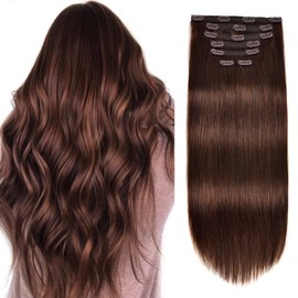 Human Hair Clip In Extensions,70g 7pcs Silky Straight Brown Human Hair Clip In Extensions Medium Brown 16inch Double Weft Remy Hair Clip In Extensions
