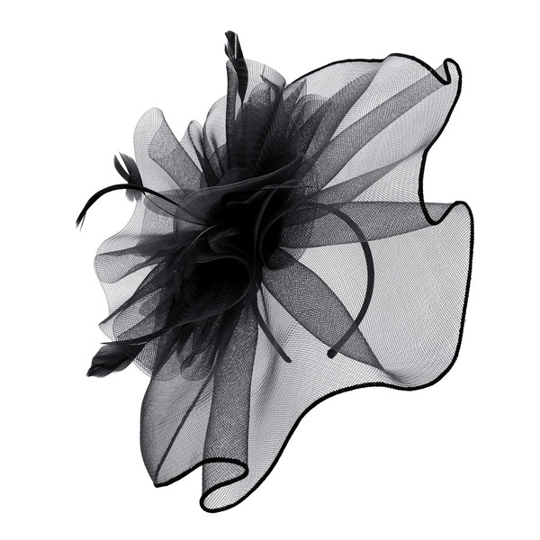 ITODA Fascinator Women's Pillbox Hat Large Flower Hair Accessories with Feather Veil Wedding Headband Vintage 20s Hair Clip Tea Party Church Women's Jewellery Bridal Cocktail Christening, black
