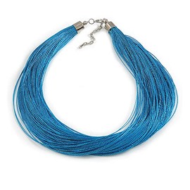 Avalaya Turquoise Blue Multistrand Silk Cord Necklace In Silver Tone - 50cm L/ 7cm Ext
