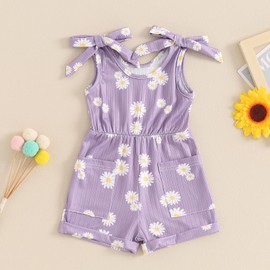 JLKGICF Toddler Girl Clothes Summer Daisy Romper Tie-Up Floral Jumpsuit Overalls Shorts Baby 6 9 12 18 Month 2T 3T 4T Outfit (Chic Daisies Purple, 12-18 Months)