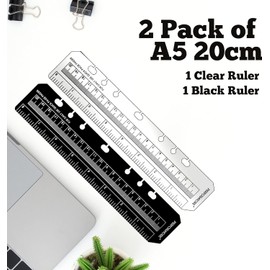 Performore 7 Holes Snap-in Bookmark Ruler | 8 Inch (20cm) Dual-Sided Measuring Tool | Fits A5 Notebooks & 5.5-Inch Binders | Black and Transparent Rulers