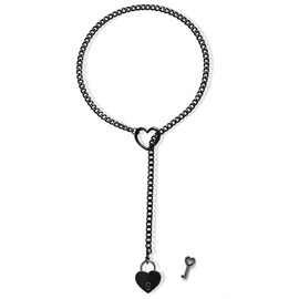 sroyte Heart Slip Chain Necklace for Women Stainless Steel O-Ring Adjustable Lariat Y-Necklace Punk Long Cuban Chain Lock Necklace with Key (25", Silver Red Heart Lock)