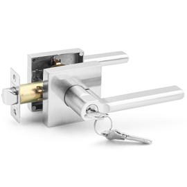 ANNFUZ Entry Lever Door Handle Lock and Key,Square Locking Lever Set [for Front Door Room Office]Reversible for Left,Right Interior Exterior Door,Not Keyed Alike Heavy Duty Finish(Entry, Satin Nickel)
