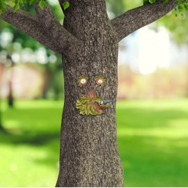 Relaxdays Tree Face Old Man, 3 Pieces, Weatherproof Artificial Stone, Tree Trunk Decoration, Luminous, Garden Decoration, Green/Natural